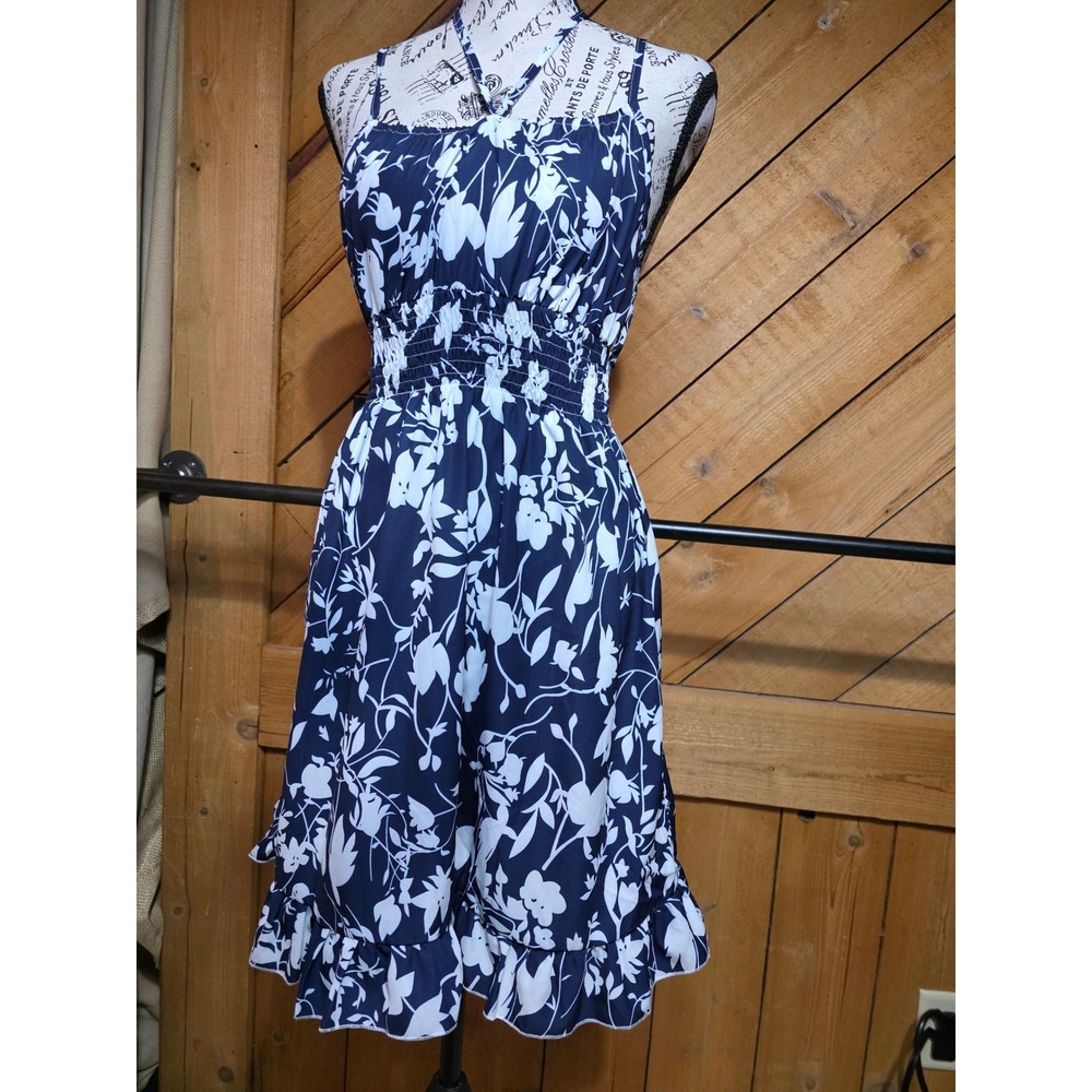 SHEIN Navy Blue White Floral Smocked Waist Ruffle Hem Halter Sun Dress Womens M